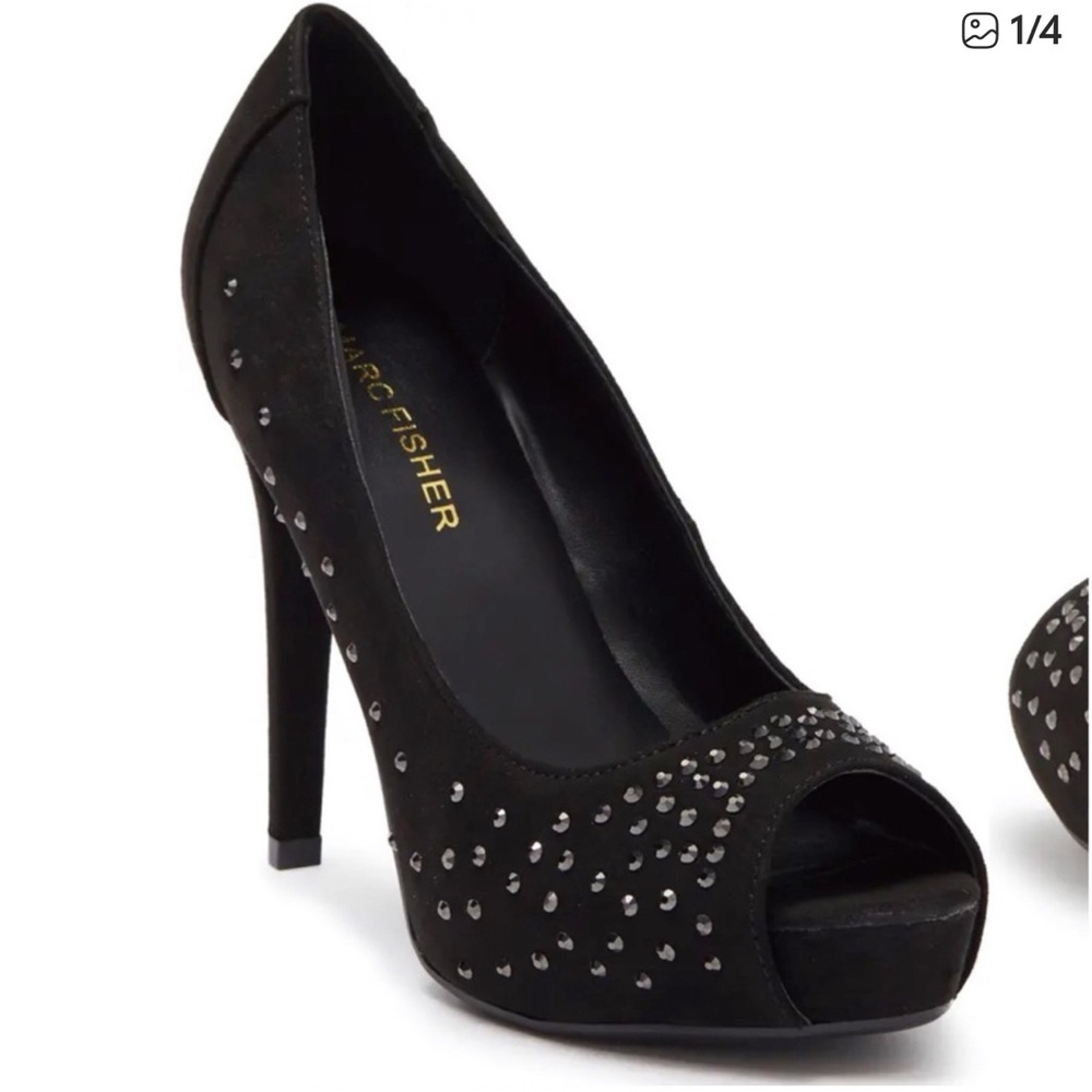 MARC FISHER HARPYR Black Studded Open Toe Suede Platform Heels Women Sz 6 New
